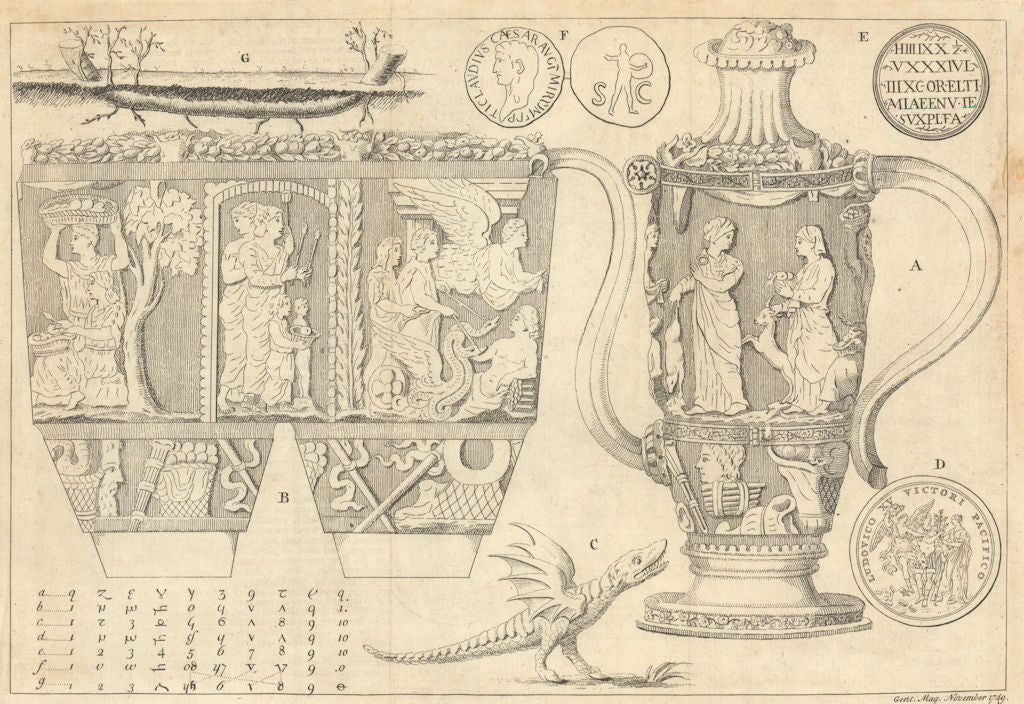 Onyx Vase owned by the Duke of Brunswick. Sea Dragon 1749 old antique print